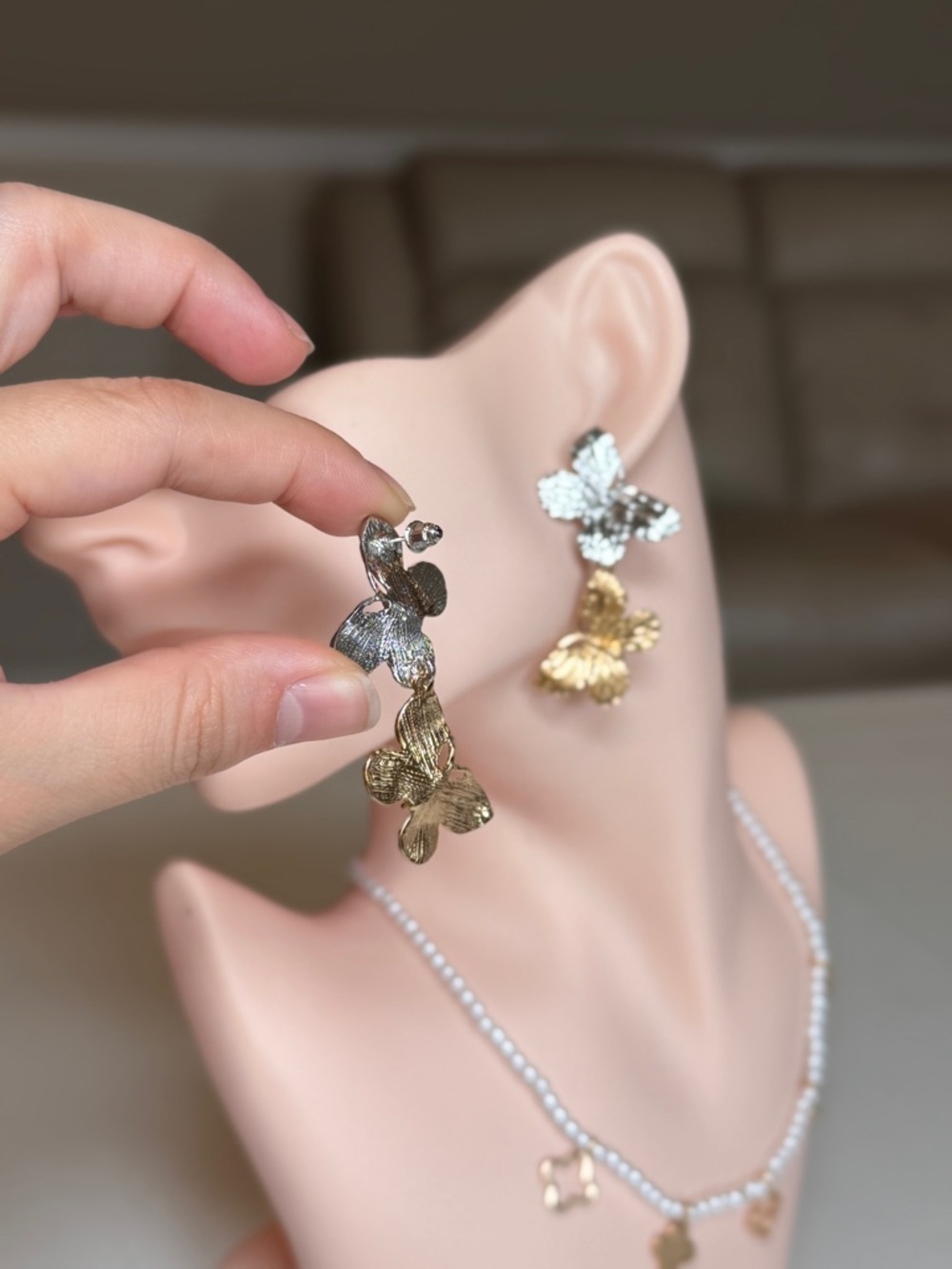 Silver and Gold Butterfly Statement Drop Earrings - Picture 5 of 9